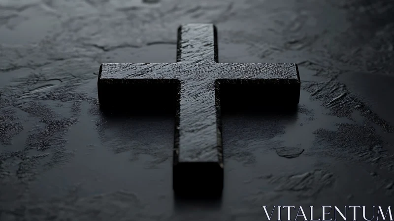 Quiet black cross resting on softly textured stone surface.