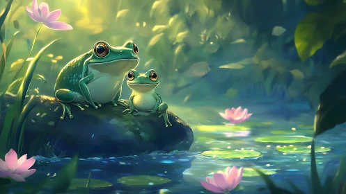 Frog parent and child share a tranquil lily pond moment.