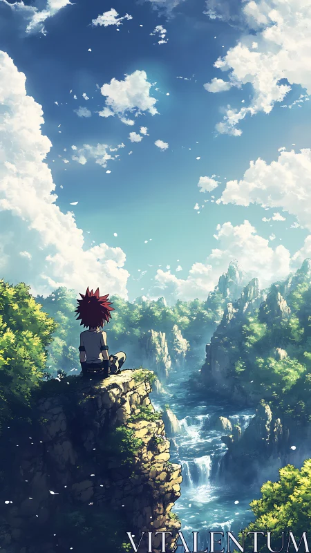 Solitary anime figure overlooks vast waterfall valley
