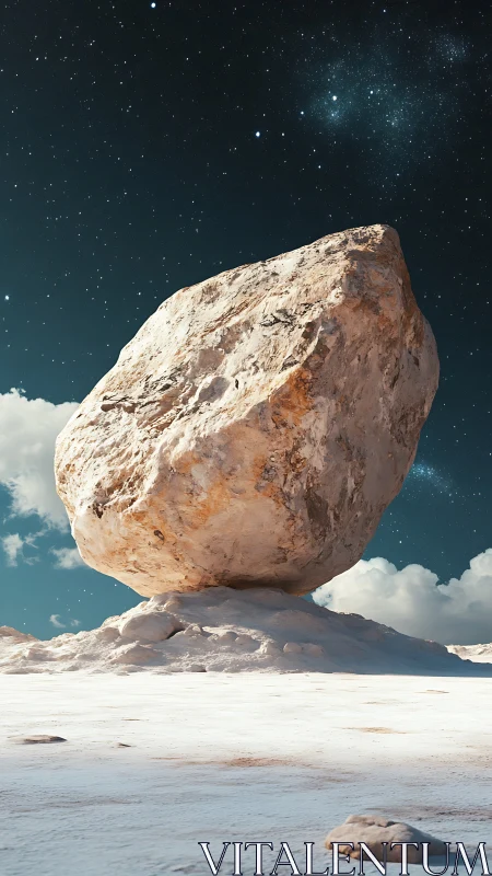 Cosmic boulder poised between frozen ground and starlight.