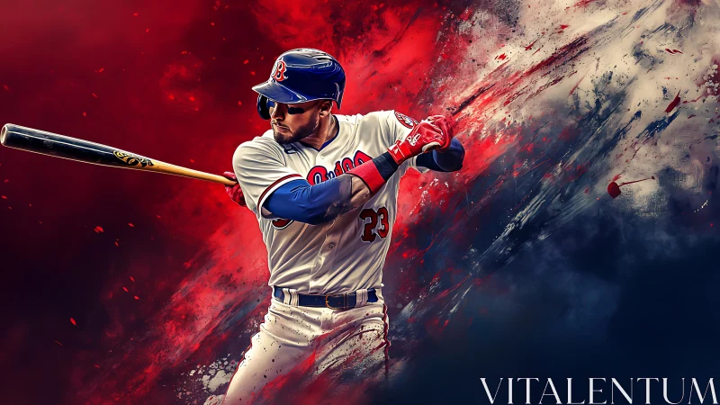 Baseball batter holds swing pose against red and blue backdrop