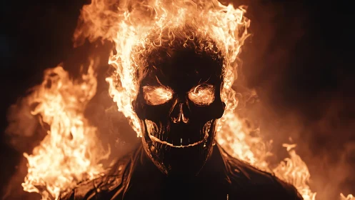 Flaming skull figure with leather jacket in dark background.
