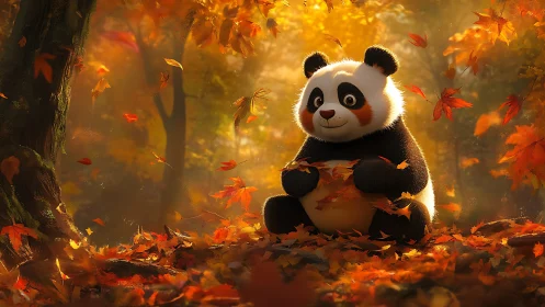 Playful baby panda enjoying cozy autumn forest magic.