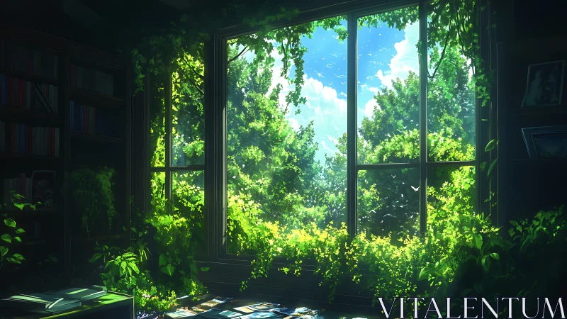 Sunlit overgrown study window looking onto green forest.