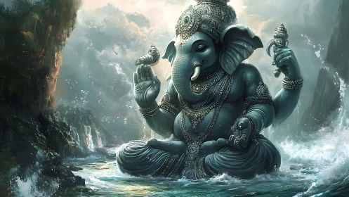 Majestic elephant-headed deity rises in storm-tossed ocean.