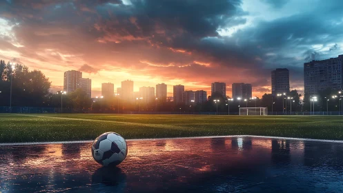 Soccer field with wet surface at sunset near high rises.