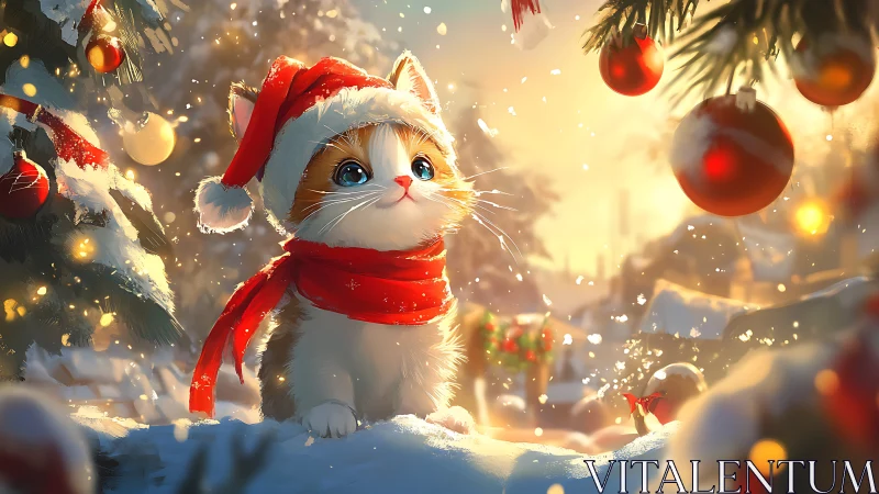 Festive kitten portrait in glowing winter snowfall lighting.