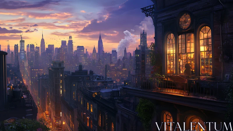 Sunset-lit balcony overlooks dense high-rise skyline and warm interior