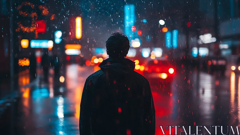 Figure stands on wet neon street under falling nighttime rain