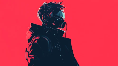 Cyberpunk figure in headset and mask on red background.