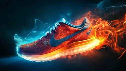 Flame-laced running sneaker blazing through neon smoke.