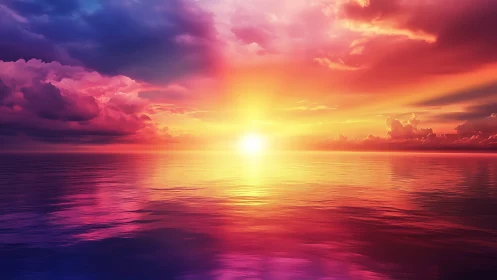 Multicolor ocean horizon with sun low over reflective water.