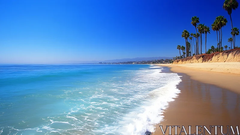 Sunlit tropical beach with palm-lined golden shoreline.
