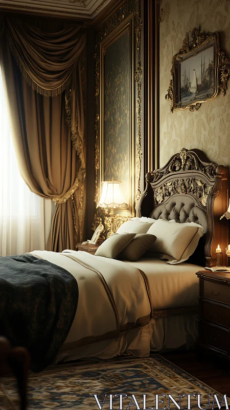 Ornate classical bedroom interior with carved bed frame.