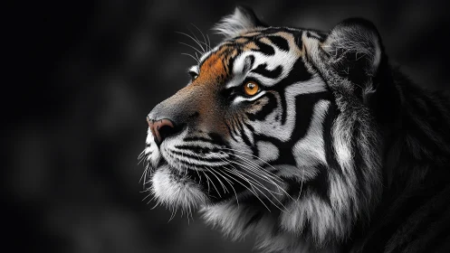 Profile portrait of a tiger with sharp detail and contrast.
