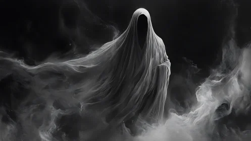 Mystic shrouded spirit rises softly from swirling gray mist