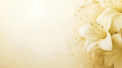 Cream Lilies with Golden Details on Soft Beige Background.