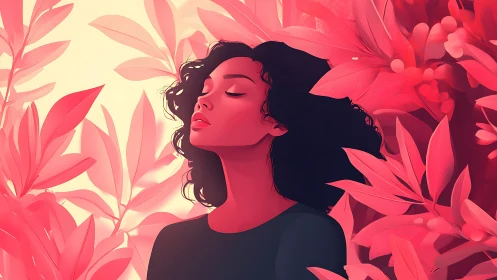 Serene woman in rosy leaves enjoying a quiet, peaceful pause.