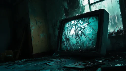 Broken teal television glowing in a quiet abandoned room.