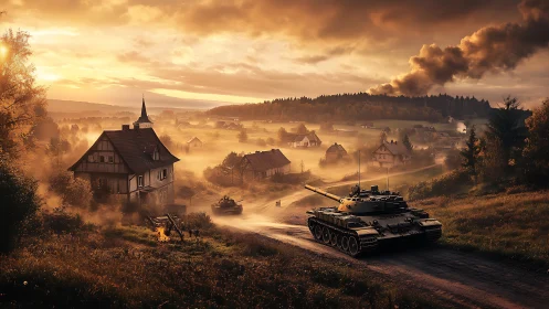 Armored thunder rolls through a misty village at dawn.