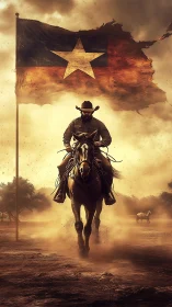 Lone rider charging beneath tattered Texas flag at dusk.