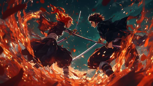 Fiery duel between determined warriors in swirling embers.