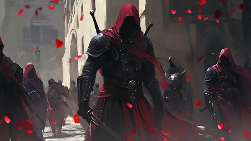 Crimson cloaked warriors stride through a shadowed stone city