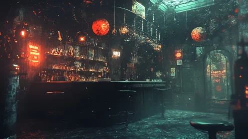 Moody cyberpunk bar interior with volumetric neon lighting and decay