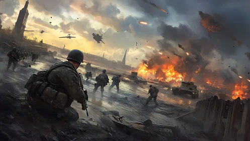 Modern urban battlefield with infantry, armor, and drone airstrike interplay