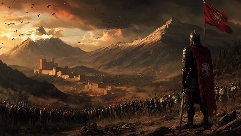 Armored warlord surveys crimson dawn above besieged valley.