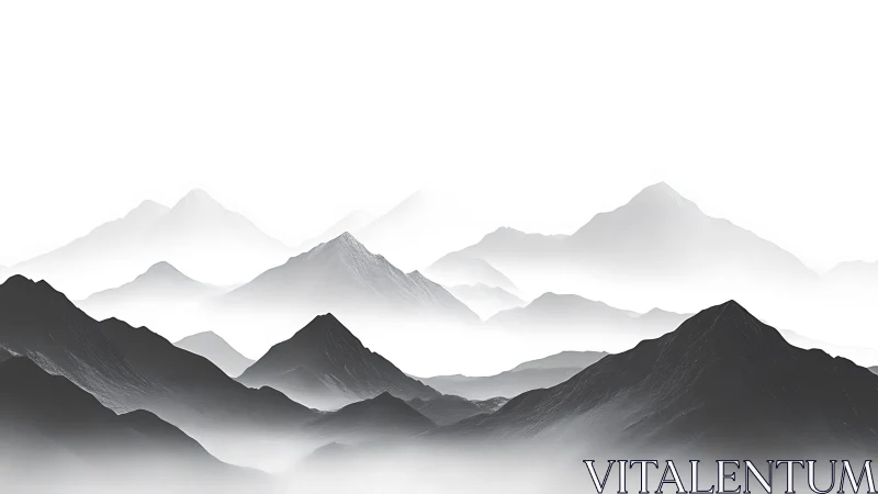 Layered grayscale mountains recede into soft atmospheric mist