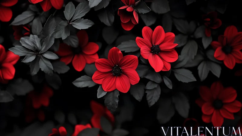 Red Flowers Against Dark Background with Gray Foliage