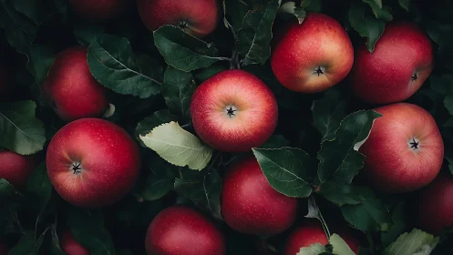 Photorealistic still life of ripe red apples in dense foliage.