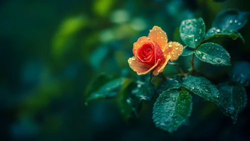 Orange-red Rose with Dew Droplets on Green Foliage