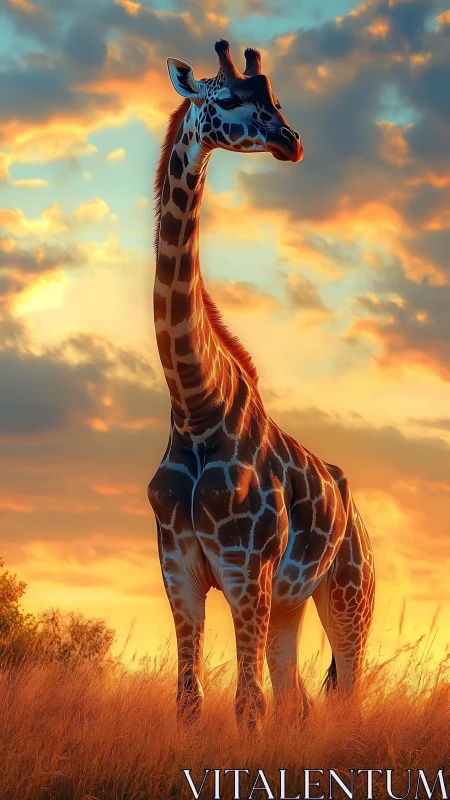 Sunlit giraffe silhouette in stylized savanna sunset glow.