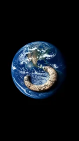 Stone serpent gently curls around Earth’s bright blue shoulder