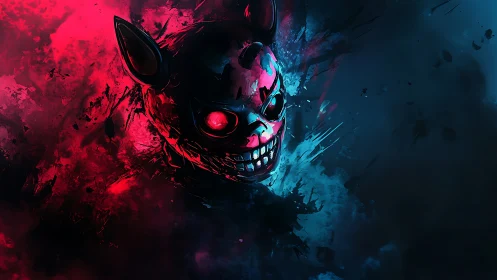 Dichromatic horned skull mask emerges from abstract smoke