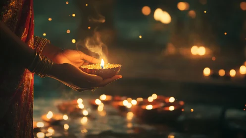 Side-lit hands cradle clay oil lamp amid shallow-depth bokeh field