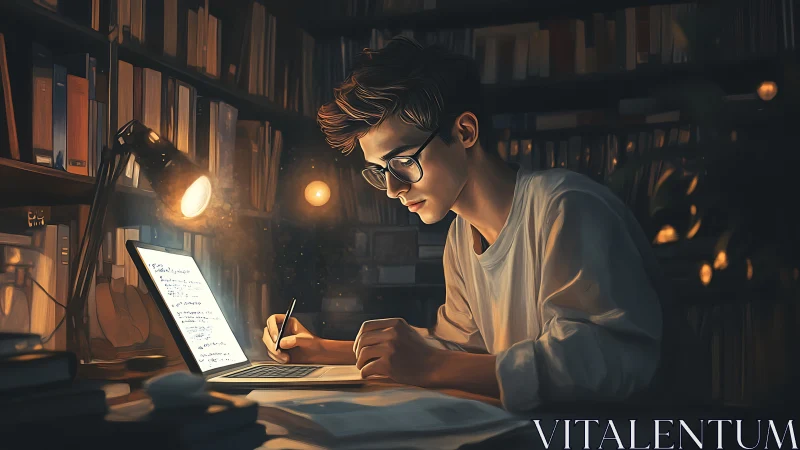 Focused student studies by laptop light in dim library