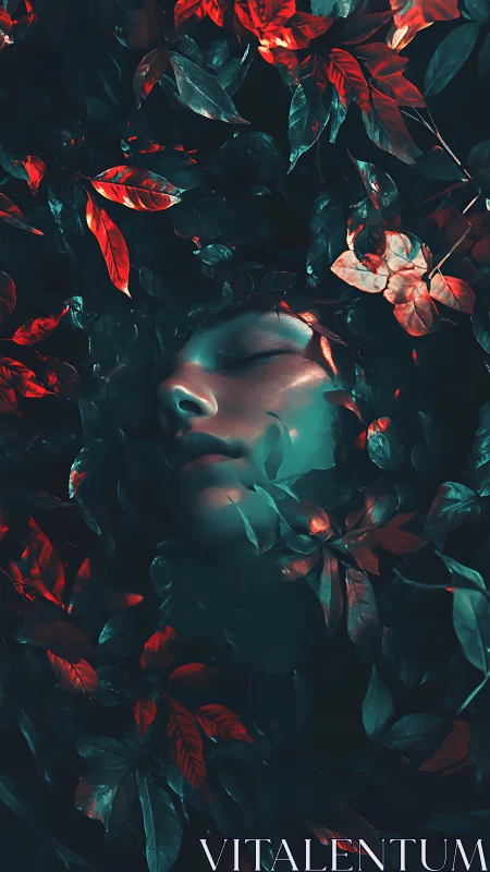 Surreal portrait submerges serene face in neon foliage.
