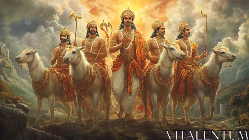 Radiant warriors on white steeds in a golden dawn journey.