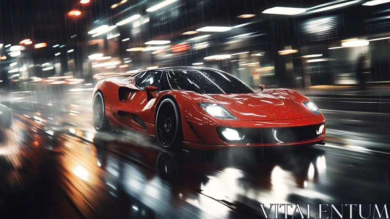 Red sports car racing through glowing rainy night streets.
