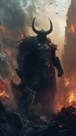 Dark fantasy warlord in burning citadel environment digital painting.