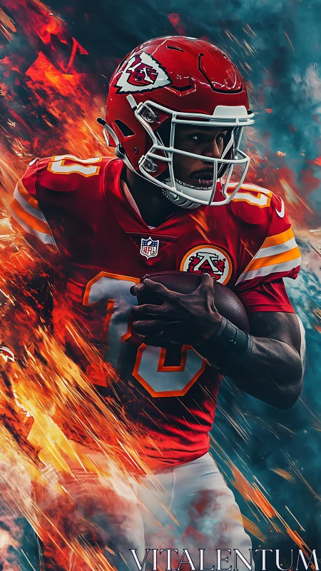 Football player in red uniform runs with ball amid fiery effects