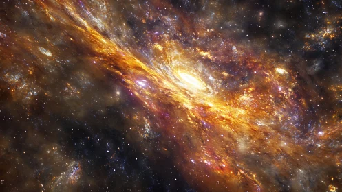 Fiery galactic core blazes amid dense star-filled nebulae.