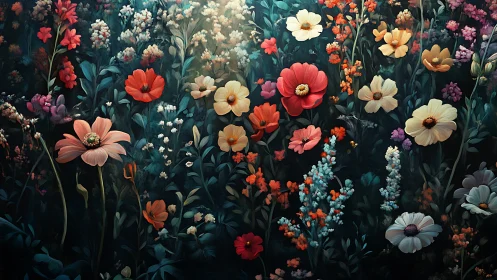 Jeweled Garden Symphony: Where Vivid Blooms Dance Against Deep Twilight.