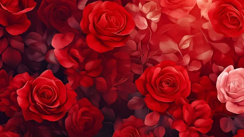 High-density red rose florals with volumetric lighting and chromatic depth layering.