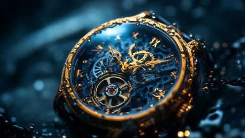 Skeleton luxury watch gleams under splashing water droplets.