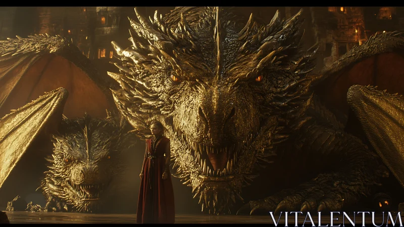 Golden dragon colossus guards a lone queen in ember-lit hall.