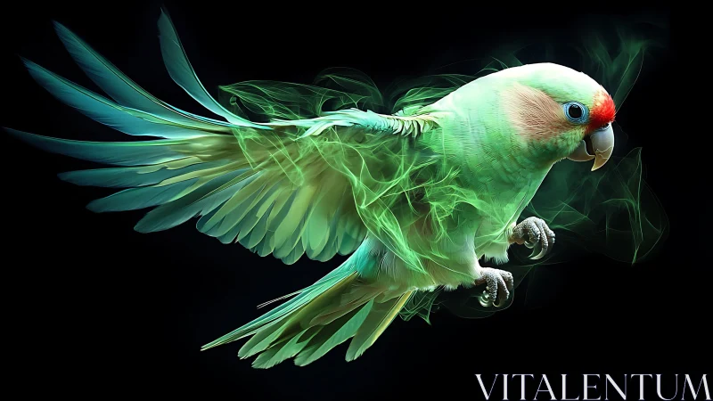 Vibrant parrot in neon smoke effect on black background, digital art.